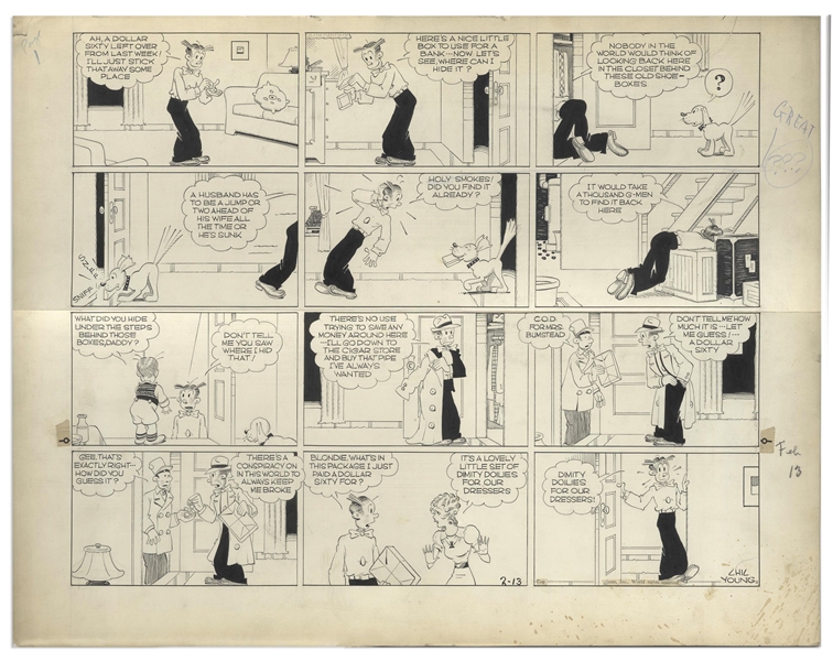 Chic Young Hand-Drawn ''Blondie'' Sunday Comic Strip From 1938 -- Dagwood Sacrifices for His Family